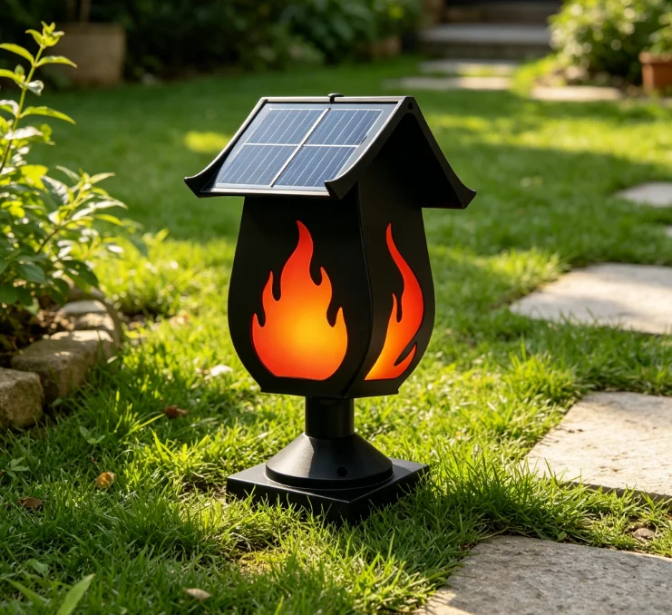 Outdoor Lighting And Landscape - Solar Column Headlights Simulated Flame Lights